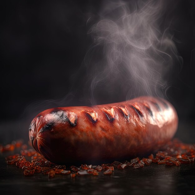 Photo saucisse grillée juteuse sur fond sombre saveur fumée et arôme appétissant parfait pour toute affiche de barbecue générée par ai