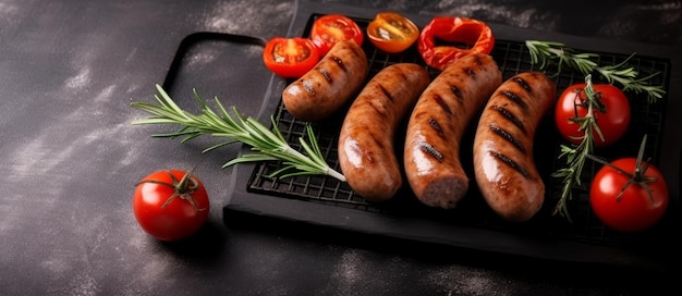 Saucisse grillée avec tomates et romarin sur fond de tableau noir