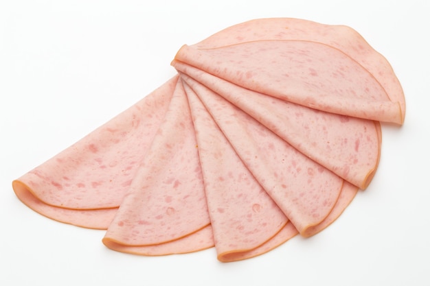 Saucisse de jambon bouilli en tranches isolé sur fond blanc.