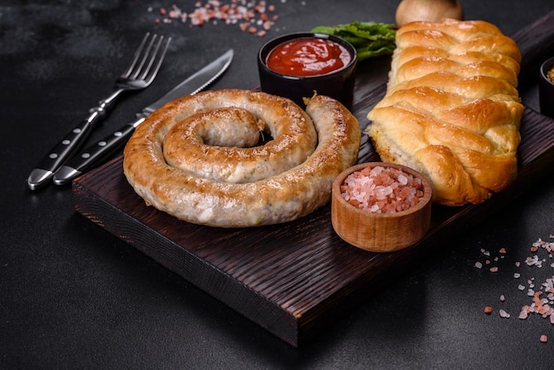 Saucisse maison cuite au four avec des épices et des herbes se bouchent