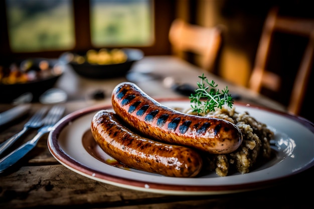 Saucisse maison grillée aux herbes sur une table en bois rustique générée par l'IA