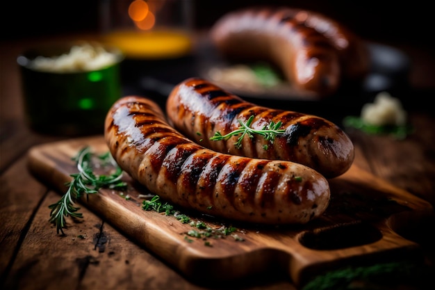 Saucisse maison grillée aux herbes sur une table en bois rustique générée par l'IA