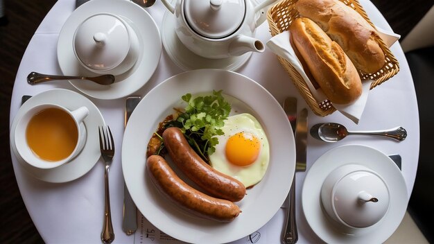 Une saucisse avec des œufs avec du thé et des pains sur la table du restaurant.