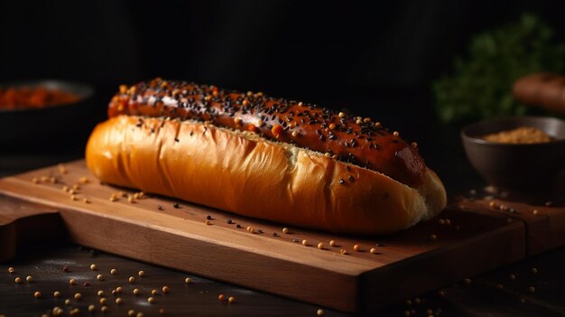 Une saucisse sur une planche de bois avec des graines dessus