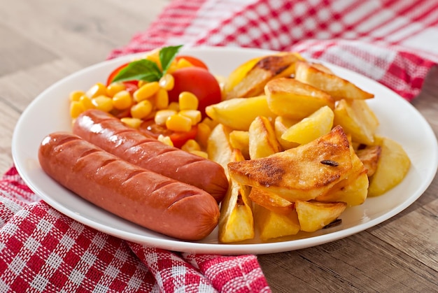 Saucisse avec des pommes de terre frites et des légumes sur une assiette