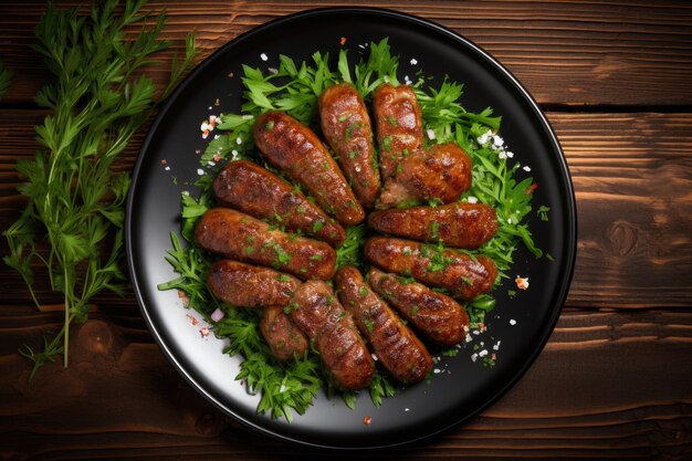 Saucisse de porc aux fines herbes vue d'en haut sur du bois foncé