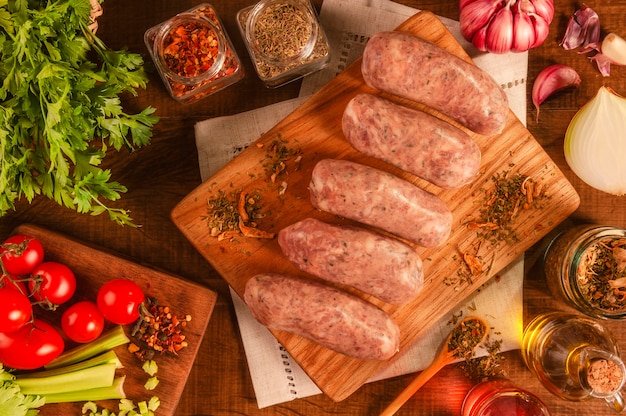 Saucisse de porc brésilienne avec chimichurri sur la coupe du bois avec des épices et des ingrédients