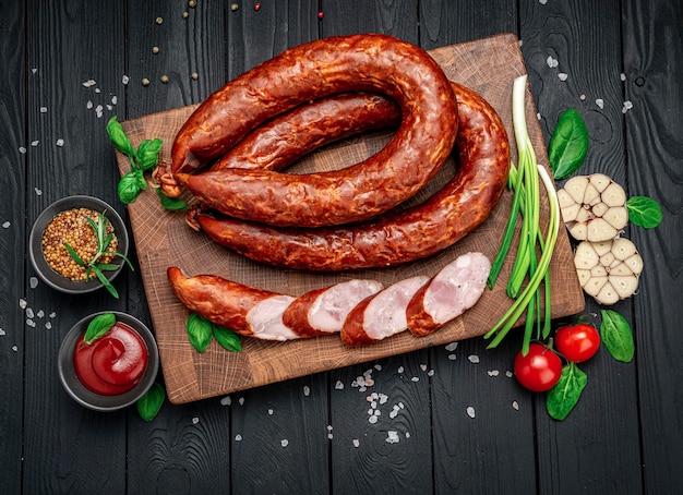 Saucisse de porc fumé appétissante sur fond sombre