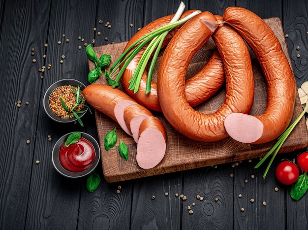 Saucisse de porc fumé appétissante sur fond sombre