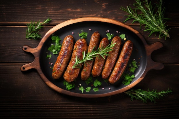 Saucisse de porc en tranches avec des herbes sur un fond en bois foncé