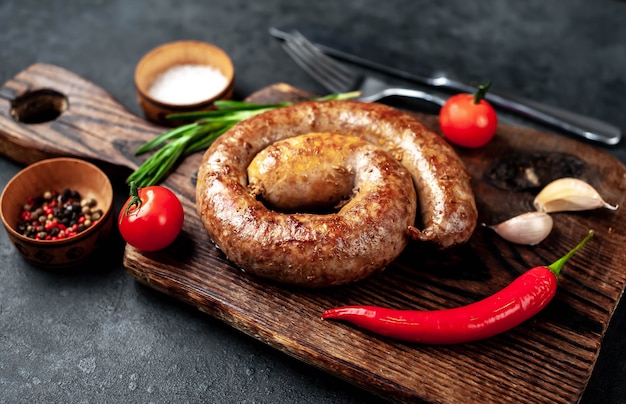 Saucisse en spirale grillée aux épices sur une planche à découper