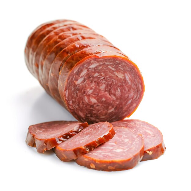 Saucisse tranchée isolée sur fond blanc