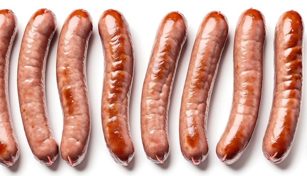 Des saucisses au barbecue crues, des saucisses brutes isolées sur un fond blanc.