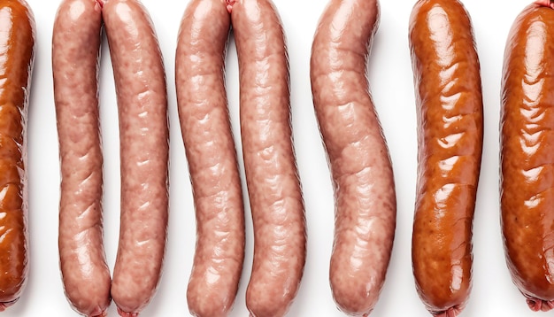 Des saucisses au barbecue crues, des saucisses brutes isolées sur un fond blanc.