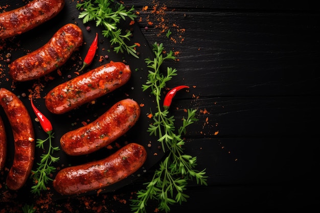 Saucisses aux épices grillées sur la vue de dessus noire avec espace de copie