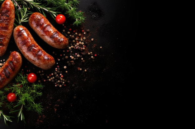 Saucisses aux épices grillées sur la vue de dessus noire avec espace de copie