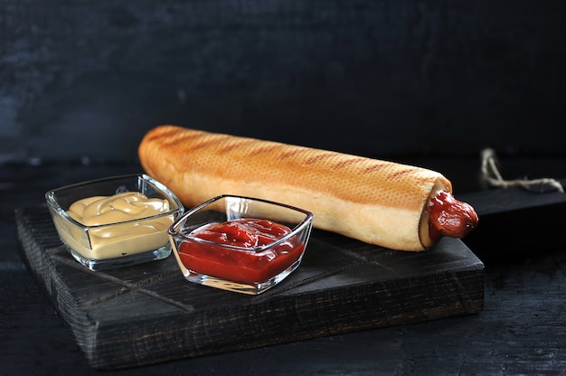 Saucisses de chien françaises au ketchup et à la moutarde