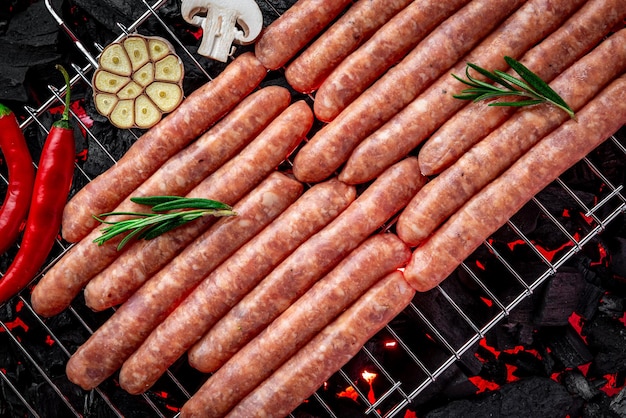 Saucisses crues sur un gril chaud de charbon de bois