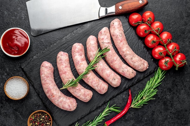 saucisses crues à griller sur une table en pierre