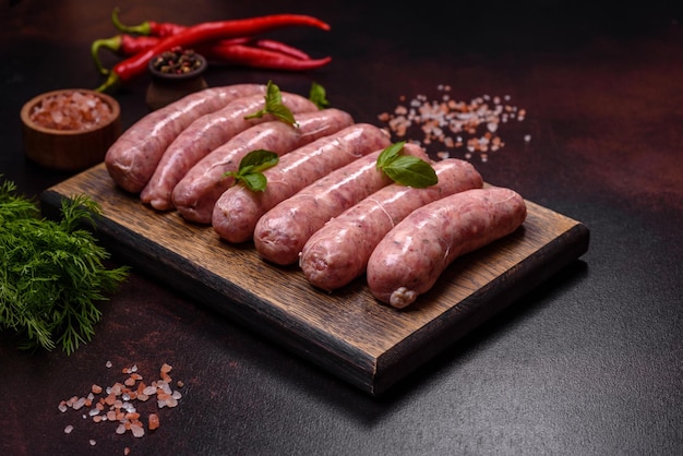 Saucisses crues avec des ingrédients sur une planche à découper sur un fond de béton foncé avec espace de copie