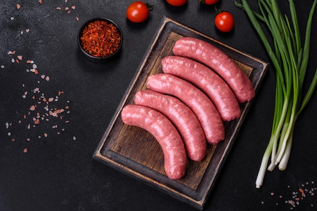 Saucisses crues avec des ingrédients sur une planche à découper sur un fond de pierre avec espace de copie