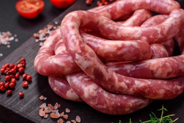 Saucisses crues de porc ou de boeuf avec épices et herbes salées