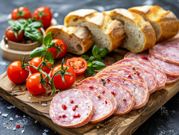 Des saucisses et du pain tranchés sur une planche à couper en bois