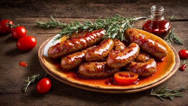 Saucisses frites appétissantes sur du vieux ketchup de fond