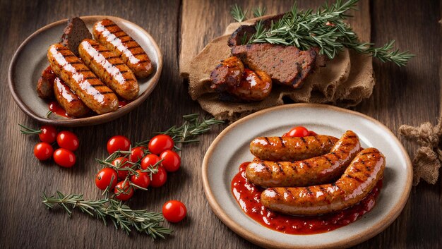 Saucisses frites appétissantes sur du vieux ketchup de fond