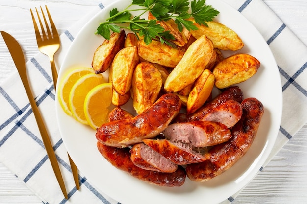 Saucisses frites sur une assiette avec pommes de terre