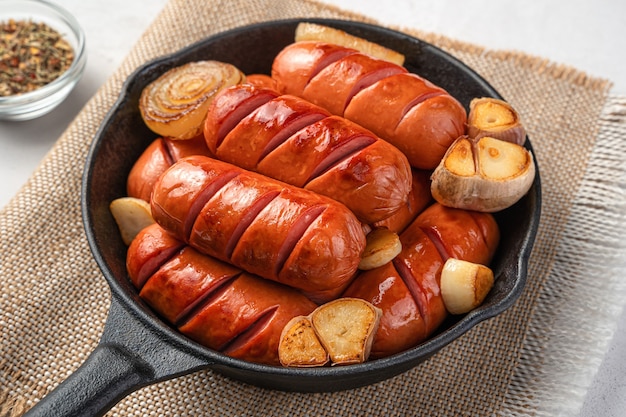 Saucisses frites aux oignons, ail et épices dans une poêle à frire sur fond gris