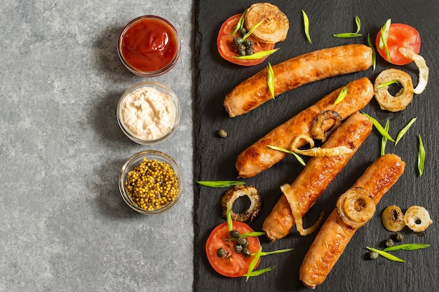 Saucisses frites et légumes sur plaque d'ardoise