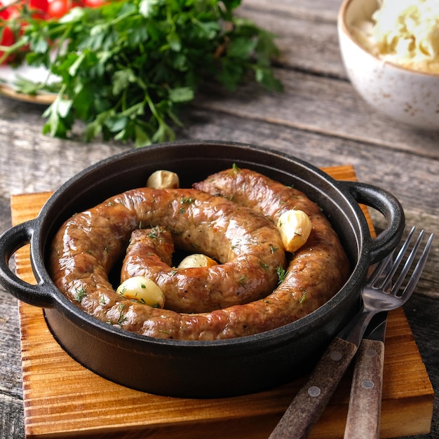 Saucisses frites maison sur une casserole