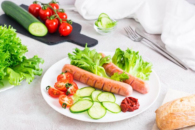 Saucisses frites prêtes à manger et légumes frais sur une assiette sur la table Collation maison copieuse