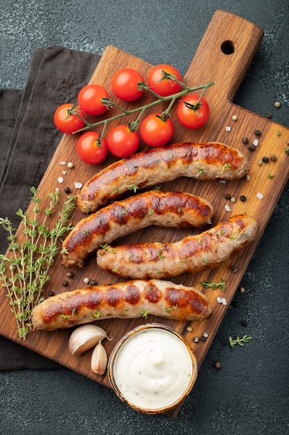 Saucisses frites avec des sauces et des herbes.