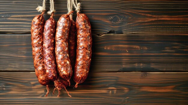 Des saucisses fumées accrochées à la cave de la ferme