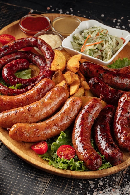 Saucisses grillées assorties placées sur le conseil en bois