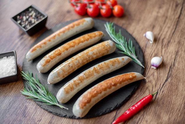 saucisses grillées aux épices sur fond rustique avec espace de copie pour votre texte