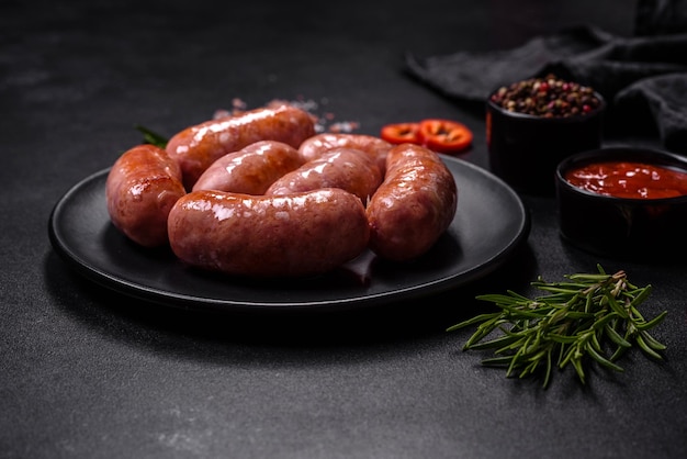 Saucisses grillées aux épices et herbes sur fond noir