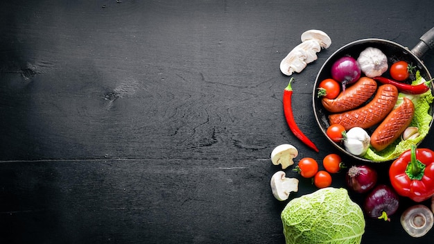 Saucisses grillées dans une poêle avec des légumes frais Surface en bois Vue de dessus