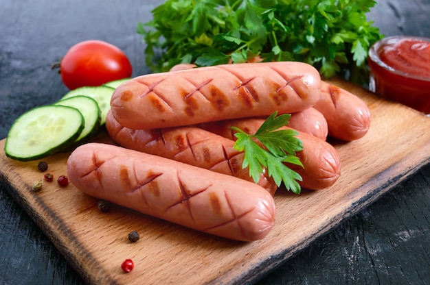 Saucisses grillées juteuses, sauce et légumes frais. Saucisses pour hot-dog. L'alimentation de rue.