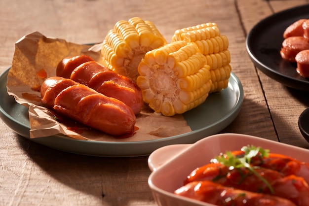 Saucisses grillées avec sauce ketchup sur une table en bois