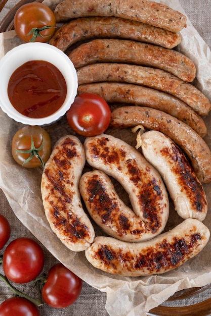 Saucisses grillées avec sauce et légumes concept de repos d'été