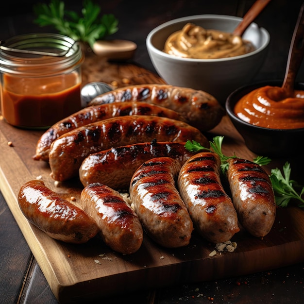 Saucisses grillées savoureuses sur un plateau en bois garni d'un assortiment de sauces et d'herbes Ai généré