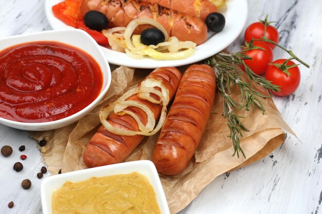 Saucisses grillées sur une table en bois