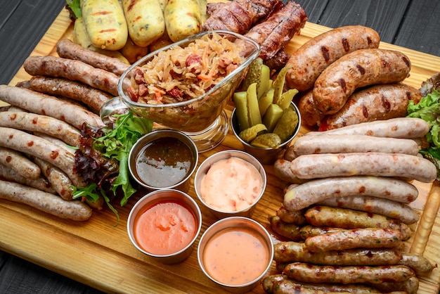 Saucisses grillées avec verre de bière sur une table en bois