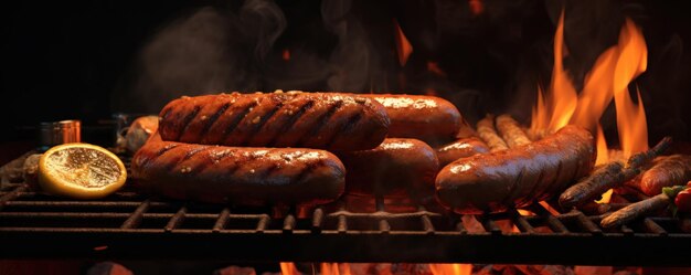 Des saucisses juteuses grillées sur les flammes