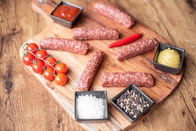 Saucisses de kebab de viande crue faites maison sur une planche à découper. fond en bois.