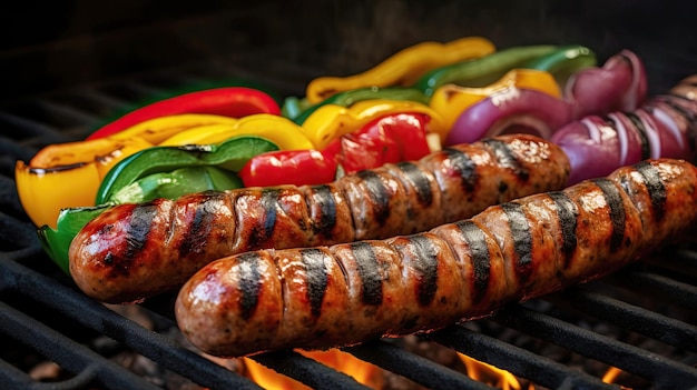 Saucisses et légumes grillés sur un barbecue flamboyant Une délicieuse affiche de nourriture pour les repas d'été Ai généré