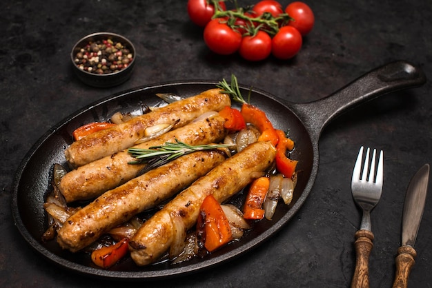 Saucisses sur la poêle à griller sur fond sombre gros plan Vue latérale Poêle à frire avec légumes saucisses frites et fourchette et couteau sur une table en bois noire